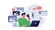 © Rabbi Khan - Digital marketing expert holding a megaphone to promote online content and social media profiles on a laptop screen.