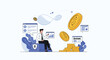 © Arman - Successful businessman managing digital banking and financial assets while sitting on stacks of gold coins and folders.
