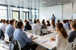 © Pranjul - Corporate employees attending a professional development seminar in a modern office seminar room, speaker at podium, attendees taking notes, business formal attire, bright and clean seminar space, 80%