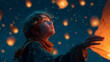 © Natali IQstock - lantern, sky-lantern, festival, night, releasing, young man, glowing, floating, dreams, hope, celebration, traditional, darkness, magical, warm, orange light, blue sky, atmosphere, bokeh effect
