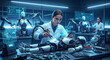 © Tya - Futuristic Robotics Lab - Female Engineer Assembling Android with Holographic Displays and Robotic Arms.