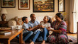© Lavaz Kopi - Joyful african family moment: parents and kids sharing laughter and love in cozy living room with artwork and warm ambiance