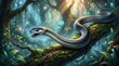 © yami - Mystical serpent on mossy forest branch with ethereal glowing light and lush vegetation