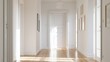 © Chanchai - Scandinavian hallway interior, simple design, white walls, light wood flooring, soft natural light, minimal art frames, clean and welcoming home entrance