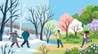 © Bruno Stock - People walking and running in a transforming winter landscape with blooming trees