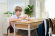 © JU.STOCKER - Caucasian schoolboy doing homework in primary classroom, Young boy focused on writing in notebook at school desk, Dedicated student studying and writing assignment in classroom