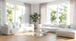 © birulaut - A bright and airy living room with large windows letting in natural light, featuring white sofas, a glass coffee table, and greenery subtly blurred.