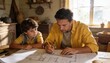 © Raphael - Father and Son Project: A father intently guides his young son as they review architectural blueprints at a rustic wooden table, fostering a moment of shared learning and collaboration in a cozy.