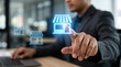 © umi - Digital Storefront Selection: A businessman in a suit selects a digital storefront icon from a holographic display, symbolizing the expansion of business opportunities.