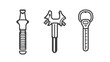 © Mundhut - Three simple black and white line art illustrations of tools a screw-like object, wrench, and bottle opener