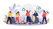 © Tanvir - Group of volunteers cleaning up litter and trash in a park environment with recycling symbols to promote environmental protection and community service.