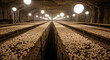 © ANDERSSON OLOF KARL - Industrial white mushroom cultivation in an underground farm facility. Symmetrical rows of fungi grow on shelves under artificial globe lights. Commercial food production and agriculture concept.