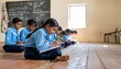 © Novi - Rural school girl sitting on floor writing in notebook