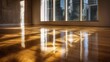 © Hot - polished hardwood floor reflecting sunlight from large window, minimalist interior space, beautiful natural light patterns, warm tones, architectural
