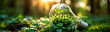 © pattozher - Eco-Innovation in Nature: A lightbulb filled with vibrant green plants rests on lush moss in a sun-dappled forest, symbolizing renewable energy and the growth of nature's power.
