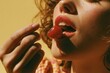 © Olly Photography - Close-up of a person about to eat a shiny red cherry, highlighting sensuality and summer freshness.