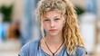 © Anuson - Portrait of a serious young girl with blonde curly hair and blue eyes looking at camera