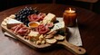 © StocksJust4You - Gourmet charcuterie board with artisan cheeses, cured meats, fresh fruits, and crackers, intimate dining atmosphere