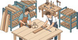 © Adit - Two Professional Carpenters Working Together on Large Wooden Table in Modern Isometric Workshop With Organized Tools and Timber Racks