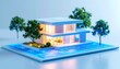 © 力 - 青写真の上に浮かび上がるモダンな住宅と樹木のクリーンな3Dイラスト