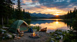 © Kapten - Serene lakeside campsite at sunset with tent canoe and campfire in wilderness