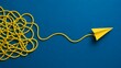 © emwe studio - Simplifying complexity and problem solving concept with tangled yellow rope becoming a straight path to a paper airplane