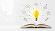 © emwe studio - Educational business strategy and brainstorming concept featuring a glowing lightbulb over an open book with icons