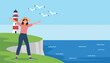 © William - Cheerful woman in a straw hat and striped shirt standing on a grassy cliff by the sea with a lighthouse and seagulls in the background.