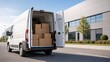© Рудой Максим - Delivery van parked on street with cardboard boxes inside near a modern building during daylight