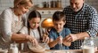 © Angavlan - Grandparents teaching grandchildren to bake together, mixing ingredients in bowl and forming dough on wooden counter. Baking session creates warm family memories,