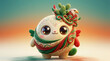 © Raul - Cute cartoon mascot character wearing colorful scarf and festive green cactus headpiece standing against soft gradient background