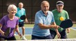© Angavlan - Older adults enjoying sports, playing lively game of pickleball on outdoor court with paddles and yellow ball. Active seniors find joy in physical activity, promoting healthy lifestyle.