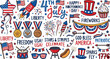 © DrexDesign - Patriotic 4th of July doodle vector set, hand drawn American Independence Day icons, red white and blue stars and stripes celebration elements