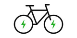Electric bicycle icon with green lightning bolts on wheels on transparent background