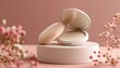 © Cepi - Compact makeup with applicator on display pedestal, delicate pink blossoms framing