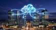© OrixalManaEC - Nube digital brillante conectada a rascacielos en una ciudad moderna de noche, concepto de ciudad inteligente, computación en la nube y red de telecomunicaciones.