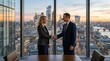 © Alva - Two business professionals shaking hands in a modern office with a panoramic view of the London city skyline at sunset, symbolizing a successful partnership.