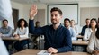© Alva - Smiling man raises hand in a diverse classroom setting, actively participating in a lecture or training session with other students.