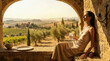 © ArtFocus Studio - Elegant woman in silk dress relaxing on a stone terrace overlooking a Tuscan vineyard at sunset, holding a summer drink during a luxury Mediterranean vacation.
