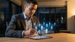 © Natti - Businessman using stylus on tablet with holographic human resources network, representing global connectivity and digital data management in professional office setting.
