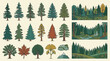 © Rozzie - Conjunto de ilustrações vetoriais com diversos tipos de árvores, coníferas, folhagens e paisagens florestais desenhadas em um estilo artístico e detalhado para design gráfico.