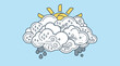 © AnaiChan - Eine flache Vektorillustration eines Wetter-Icons mit einer Wolke, die Regen, Wind und Sonne auf einem hellblauen Hintergrund zeigt, ideal für Wettervorhersagen und Apps.