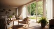 © Mukha - Sunlit modern living room with chair, table, sofa, plant, and large windows