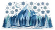 © AzeQo - 雪に覆われた山々と針葉樹の森が描かれた冬の風景のイラストレーション。三日月と様々な形の雪の結晶が夜空に浮かぶ、青と白の幾何学的なデザインのグラフィック素材。