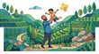 © LeNo - Un padre felice solleva in alto il suo bambino in un bellissimo paesaggio naturale con colline terrazzate, alberi e fiori in una colorata illustrazione in stile grafico piatto.