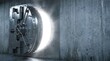 © Oriel-team - A massive modern brushed steel bank vault door opening to reveal a bright glowing light inside a heavy concrete room