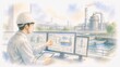 © Diamond Fuji - プラント設備をモニターで監視し管理する技術者の産業風景水彩イラスト