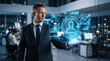 © nroy-ai - Businessman interacting with a glowing human figure outline and data visualizations