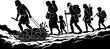 © creative - Prehistoric hunter gatherer tribe migrating across rocky landscape pulling loaded sled silhouette vector