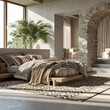 © Khawla - Ultra Wide Angle Minimal Bedroom with Cozy Lounge Corner Featuring Travertine Stone and Light Oak Textures